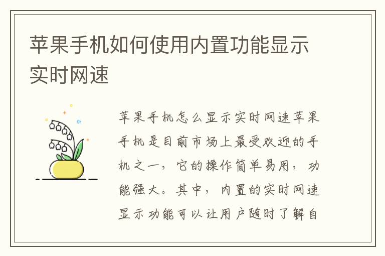 苹果手机如何使用内置功能显示实时网速